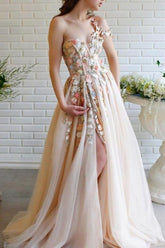 Bmbridal Fairy Flowers Applique Prom Dress Champagne Tulle With Slit